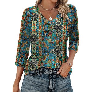 Women's 3/4 Sleeve V-Neck Casual Top Soft Basic Tees Loose Fit Blouse Shirts Business Work - 1 of 4