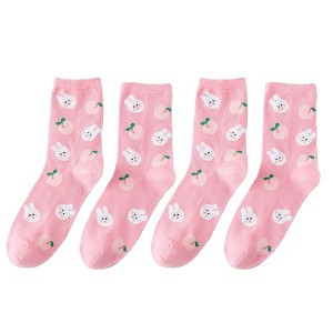 Anna-Kaci Women's 3 Pairs Knit Socks with Cute Cartoon Fruit and Animal Patterns Soft Stretch Fabric Ribbed Cuffs - 1 of 4