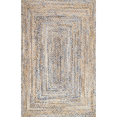 Handmade Blue and Beige Braided Cotton Rectangular Rug