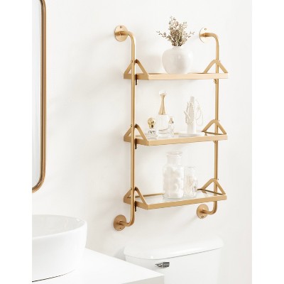 Gold Metal Three-Tier Floating Wall Shelf with Glass