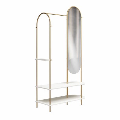 White and Gold Metal Valet Stand with Mirror