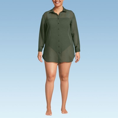 Lands' End Women's Cotton Gauze Button Down Swim Cover-up Shirt Dress
