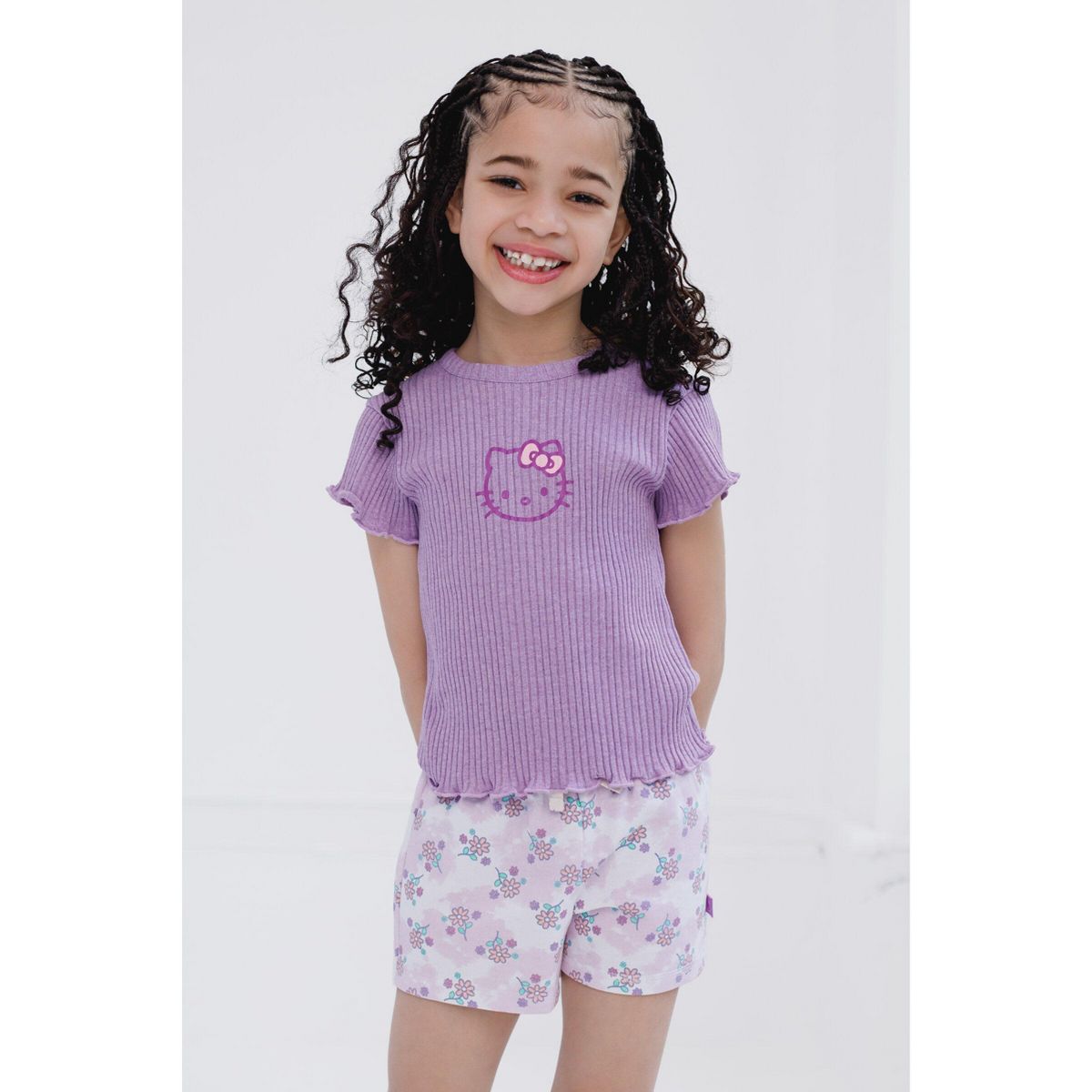 Hello Kitty Girls French Terry Drop Shoulder Pullover Sweatshirt, Ribbed T-Shirt and Shorts 3 Piece Outfit Set Little Kid to Big Kid - thumbnail 4