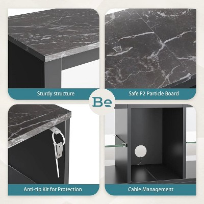 Black Marble 63-inch TV Stand with LED Lights and Glass Shelves