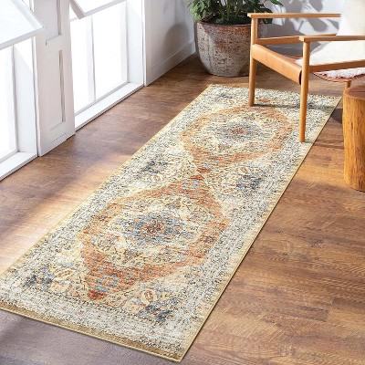 Washable Vintage Distressed Area Rug,Oriental Medallion Accent Carpet,Ultra-Soft Low Pile Non-Slip Floor Mat for Living Room Bedroom Office