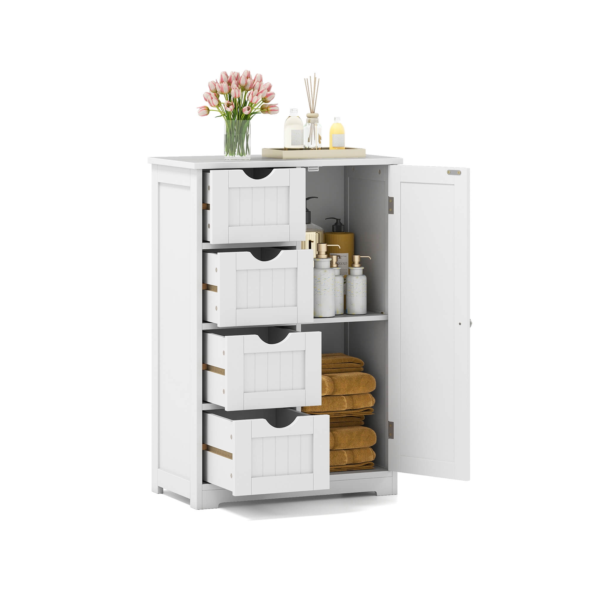 Costway Bathroom Storage Wooden 4 Drawer Cabinet Cupboard 2 Shelves Free Standing White