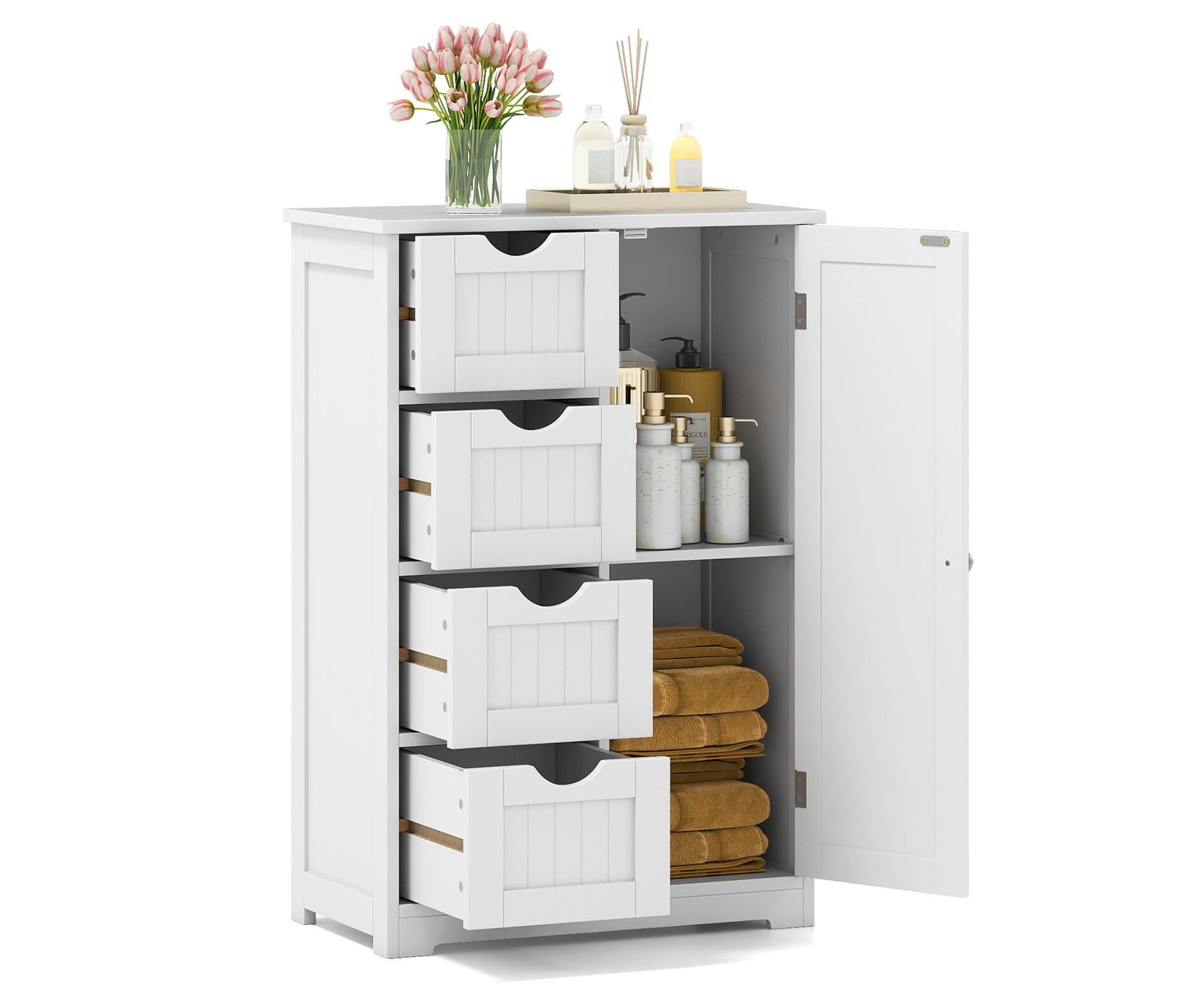 Costway Bathroom Storage Wooden 4 Drawer Cabinet Cupboard 2 Shelves Free Standing White