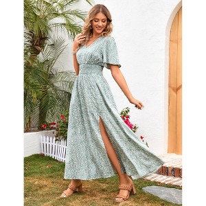 Women's Floral Print V-neck Ruffle Shortsleeve Waist Tie Dress Maxi Dress - 1 of 4