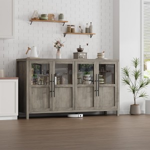 55" Rustic Farmhouse Glass Door Buffet Cabinet Sideboard , Natural Wood Grain Finish, Versatile Storage for Kitchen, Dining Room & Living Room - 1 of 4