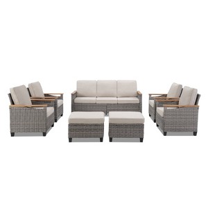 Buenhomino 7-Piece Outdoor Patio Set – 4 Single Chairs, 2 Ottomans & Sofa, All-Weather Wicker Furniture with Cushions, Beige - 1 of 4