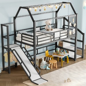 KWPZQEB Twin/Full Size Loft Bed, Metal Bed Frame with Slide & Stairs, Kid Playhouse with Storage Shelves & House-shaped Roof, Noise-free Design - 1 of 4