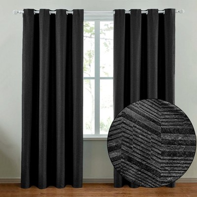 Home Mart Goods 2 Piece Black Solid Silky Geometric Embossed Blackout Grommet Window Curtain Panel Set - 108" Long