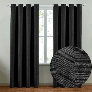 Home Mart Goods 2 Piece Black Solid Silky Geometric Embossed Blackout Grommet Window Curtain Panel Set - 108" Long - 1 of 4