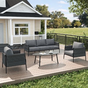 LayinSun 4 Piece Outdoor Furniture Set with Coffee Table, Modern Rope Woven Patio Conversation Sofa Set with Olefin - 1 of 4