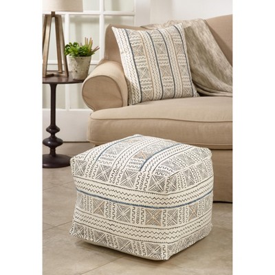 White Cotton Abstract Design Mudcloth Floor Pouf