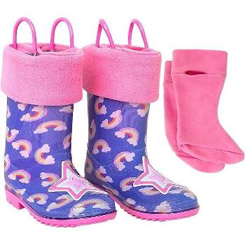 Addie & Tate Boys and Girls Rain Boots with Sock, Kids Rubber Boots- Size 8T-12 (Rainbows /Stars)