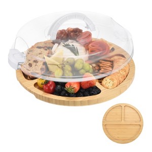 Unique Bargains Bamboo Portable 3 Compartments Round Charcuterie Board with Lid 11.6" White - 1 of 4