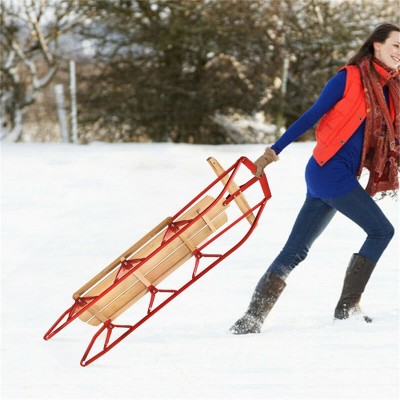 Angel Sar Classic Wooden Snow Sled with Steering Bar, 330lb Capacity Sit or Lie Down Toboggan, Outdoor Winter Sled with Metal Runners for Snowy Hills