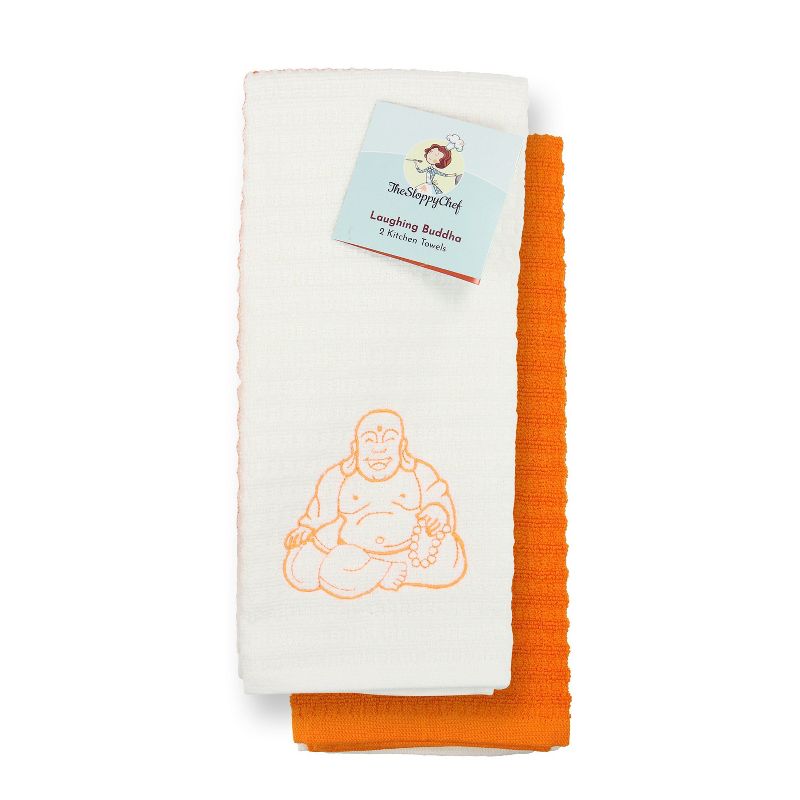 Sloppy Chef Lucky Embroidered Kitchen Towel (2-Piece Set), 16x26, 100% Cotton, Laughing Buddha Design, 1 of 7