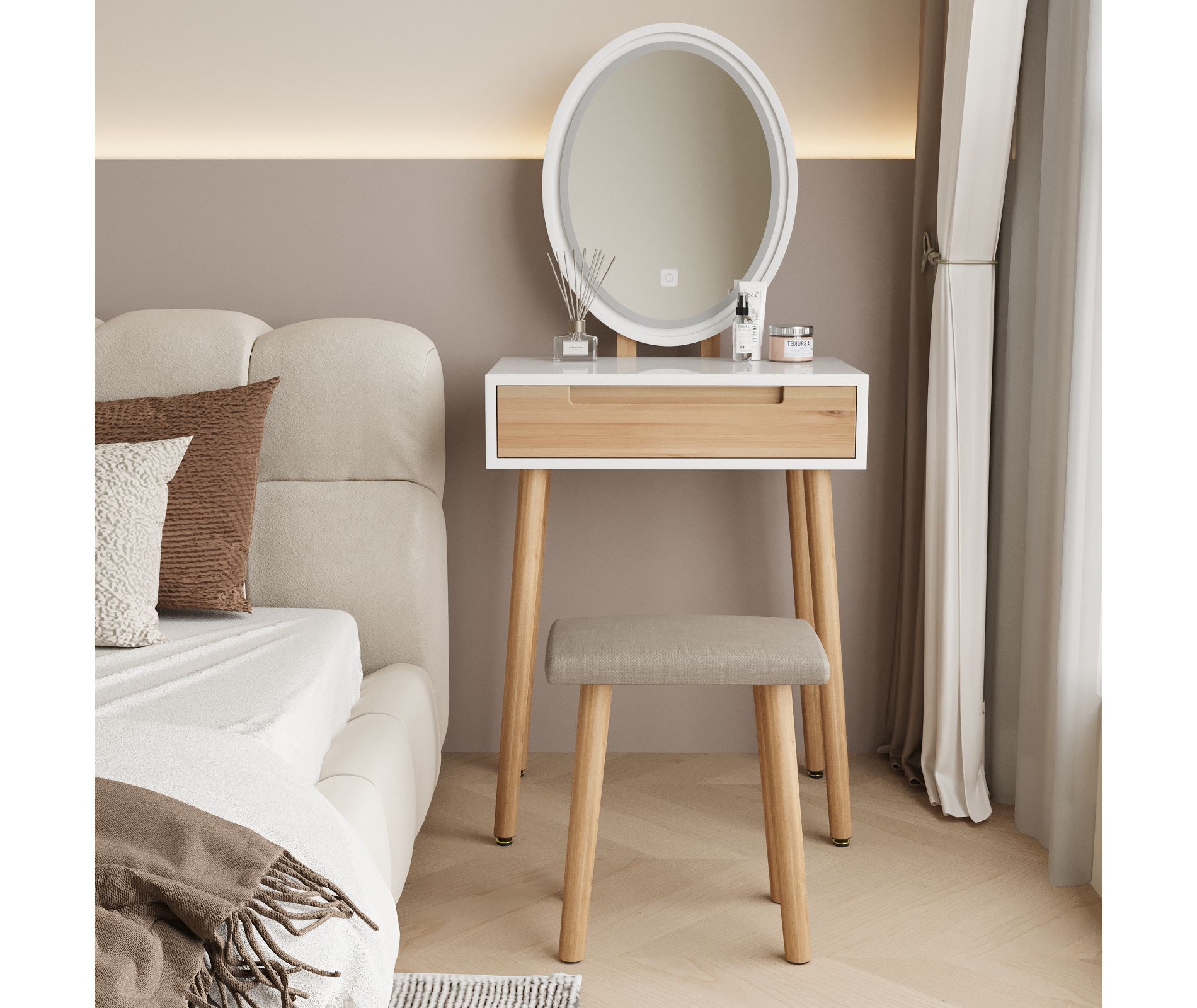 Small Vanity Desk with Lighted Mirror 24 inches Makeup Table with Drawer and Chair for Small Space Bedroom