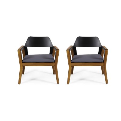 Teak and Black Acacia Wood Outdoor Club Chairs with Dark Gray Cushions, Set of 2