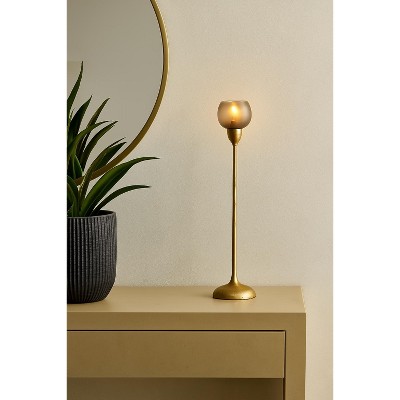 Glass & Metal Pillar Candle Holder - Elegant Gold Aluminum Taper Stand - Glam Design for Home, Office, Bedroom, Living Room