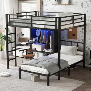 KWPZQEB Full XL Over Twin Bunk Bed, Metal Bunk Bed with Folding Desk & Closet, Ladder & Guardrails, Easy Assembly, No Box Spring Needed, Black - 1 of 4