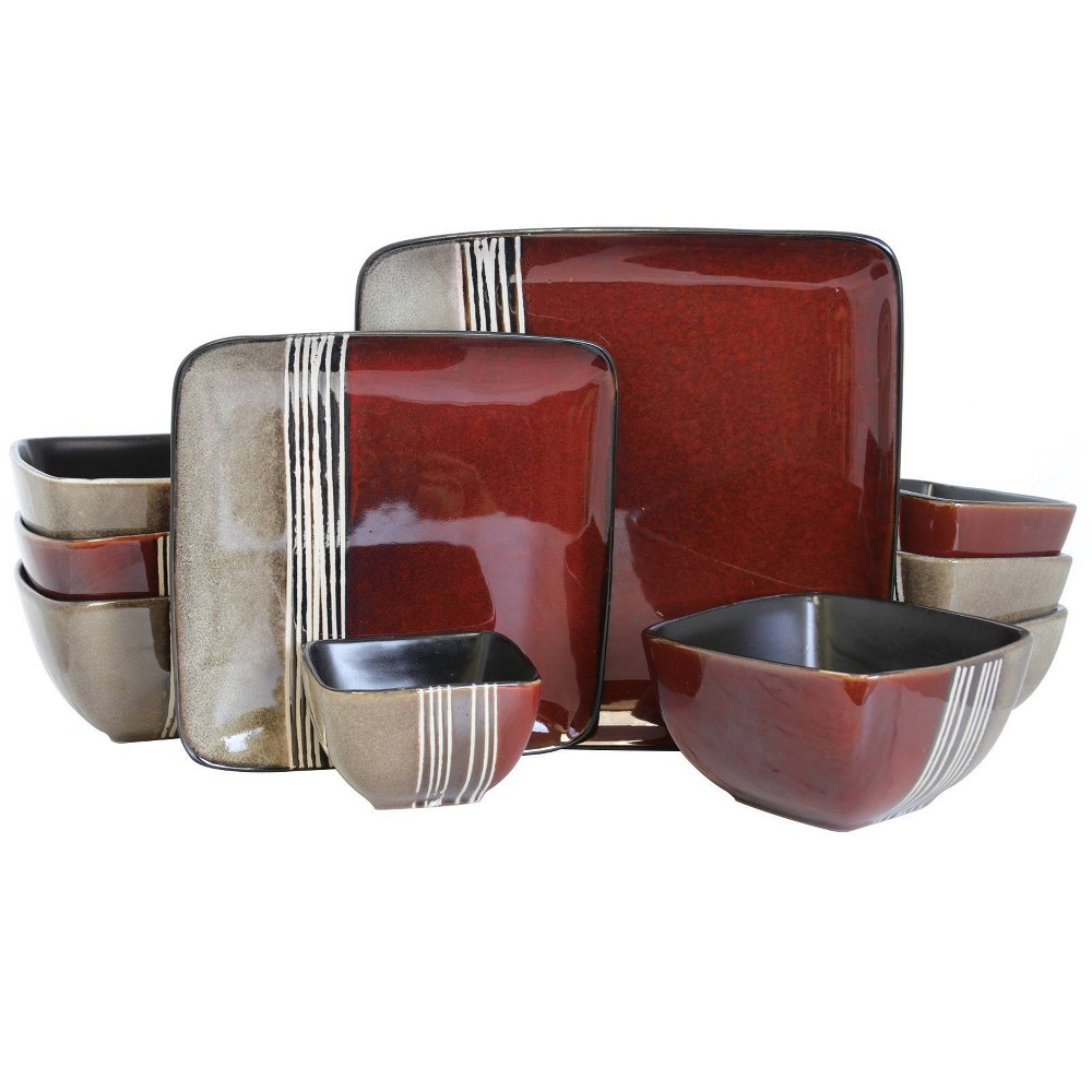 Photos - Other kitchen utensils 16pc Stoneware Double Color Square Dinnerware Set Red/Tan - Elama