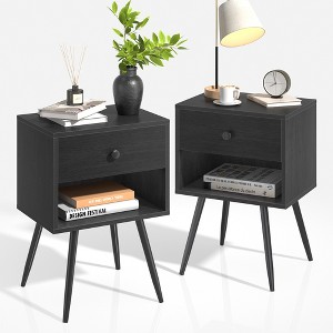 VECELO Set of 2 Industrial Nightstand Mid-Century Side End Table/Bedside Table with Drawer Brown/Gray/Marble White - 1 of 4