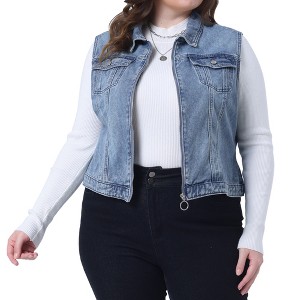 Agnes Orinda Women's Plus Size Trucker Zipper Front Sleeveless Sport Crop Denim Vests - 1 of 4