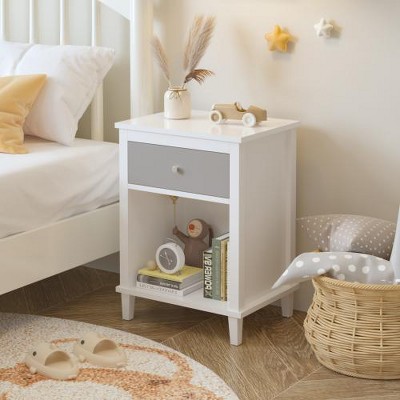 LIVAREEmlen 26.77''H Wooden Nightstand with One Drawer One Shelf for Kids, Adults,Gray+Silver handle