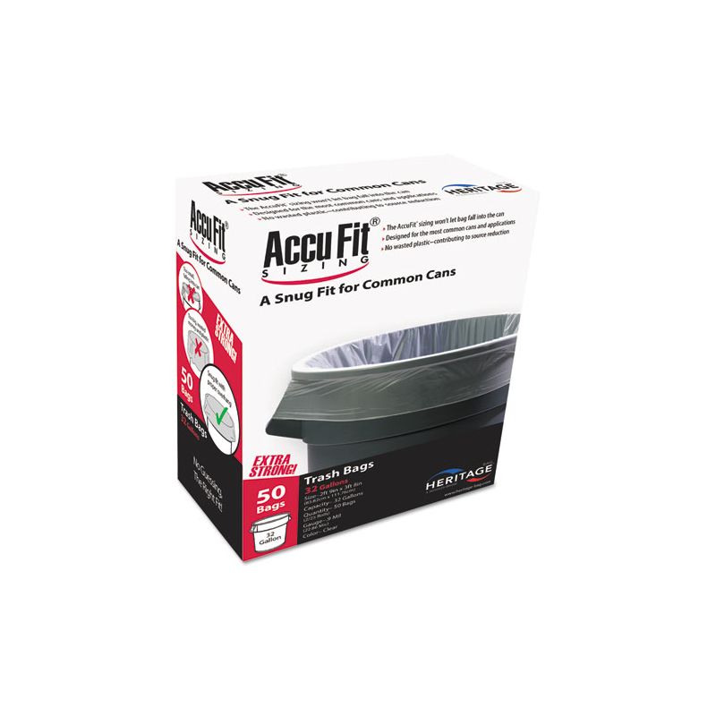 AccuFit Linear Low Density Can Liners with AccuFit Sizing, 32 gal, 0.9 mil, 33" x 44", Clear, 50/Box, 1 of 2