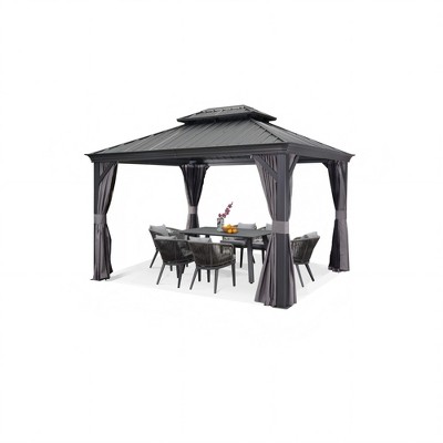 PURPLE LEAF Outdoor Gazebo Aluminum Frame Galvanized Steel Double Roof Patio Hardtop Gazebo with Curtains and Netting for Patio Lawn and Garden, Grey