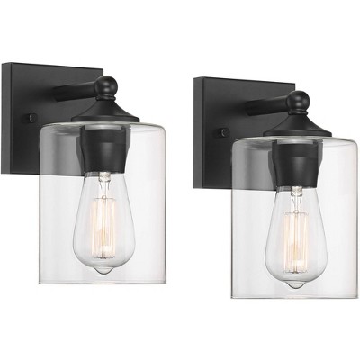 360 Lighting Bellings Modern Wall Sconces Set of 2 Black Hardwire 4 3/4" Fixture Clear Glass Cylinder for Bathroom Bedside Vanity