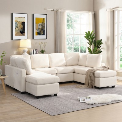 103" U-Shaped Sectional Sofa Bed with 2 Movable Ottomans & 3 USB Ports - Convertible Living Room Couch