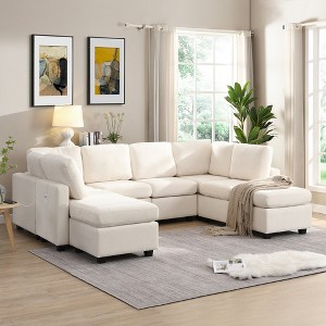 103" U-Shaped Sectional Sofa Bed with 2 Movable Ottomans & 3 USB Ports - Convertible Living Room Couch - 1 of 4