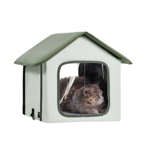 VEVOR Elevated Heated Cat House, Outdoor Kitty Shelter with Adjustable Temperature and Timer, 600D Oxford Cloth Foldable Cat Shelter, Green (Small) - 1 of 4