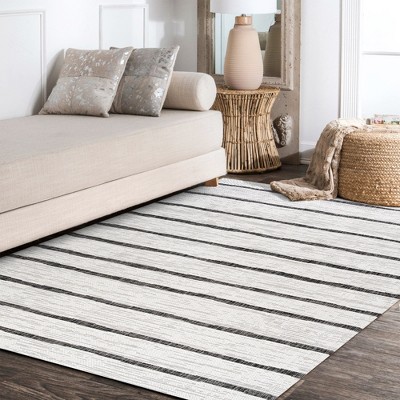 Ivory and Black Striped Synthetic 4' x 6' Indoor/Outdoor Rug
