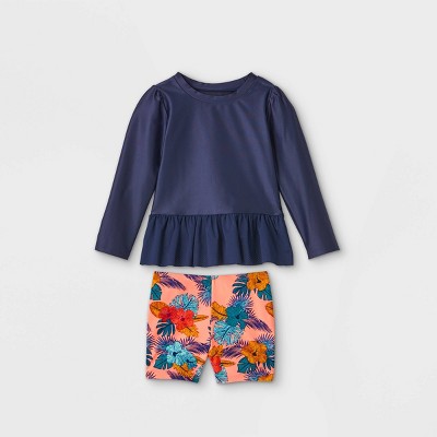 Toddler Girls' Floral Long Sleeve Rash Guard and Shorts Set - Cat & Jack™ Navy/Pink 12M