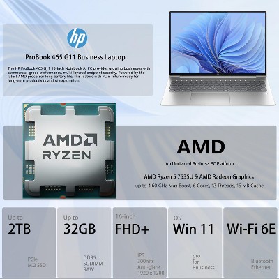 HP ProBook 465 G11 16" WUXGA Non-Touch, Ryzen 5 7535U, 16GB DDR5, 512GB SSD, Wi-Fi 6E, Windows 11 Pro, Silver