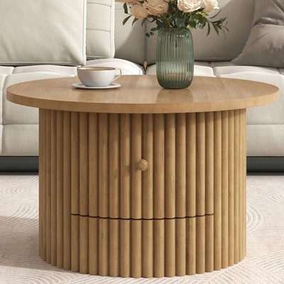 PAGED Round Coffee Table Farmhouse Center Table with Drawer, End Table with Vertical Slat Base for Living Room