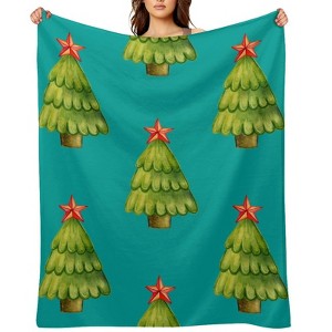 FIONECA Christmas Blanket with Watercolor Christmas Tree and Star Design Turquoise Background 40x50 inches - 1 of 1