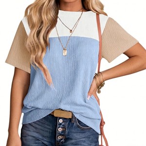 Women's Crew Neck Color Block T-Shirt Casual Short Sleeve Basic Top - 1 of 4