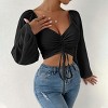 Sweetheart Neckline Crop Tops with Mesh Peasant Sleeve Adjustable Tie Ruched Bust Crop Tops Ribbed Tops with Bishop Sleeve - 3 of 4