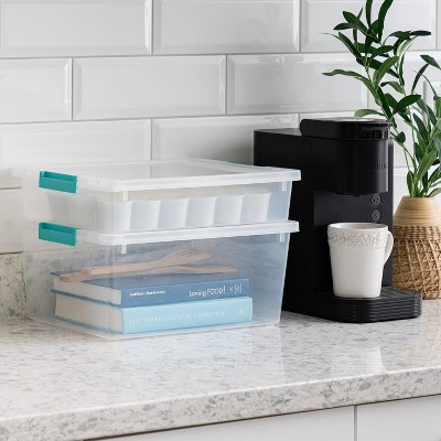 Clear Stackable Plastic Storage Bins with Blue Buckles, 12 Quart, 4 Pack