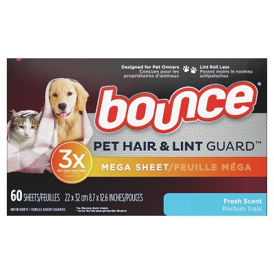 Bounce Pet Hair and Lint Guard Mega Dryer Sheets with 3X Pet Hair Fighters, Fresh Scent, 60 Count