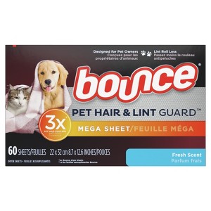 Bounce Pet Hair and Lint Guard Mega Dryer Sheets with 3X Pet Hair Fighters, Fresh Scent, 60 Count - 1 of 4