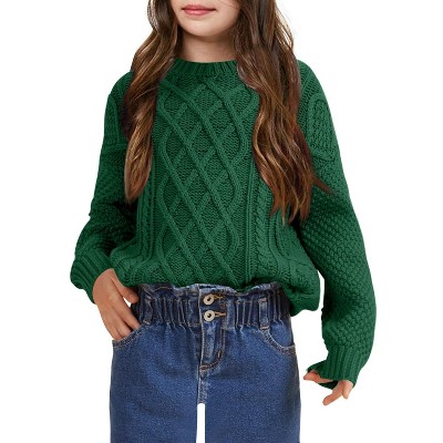 Girls Long Sleeve Cable Knit Sweater Crewneck Pullover Sweaters Kids Chunky Cute Fall Jumper Tops