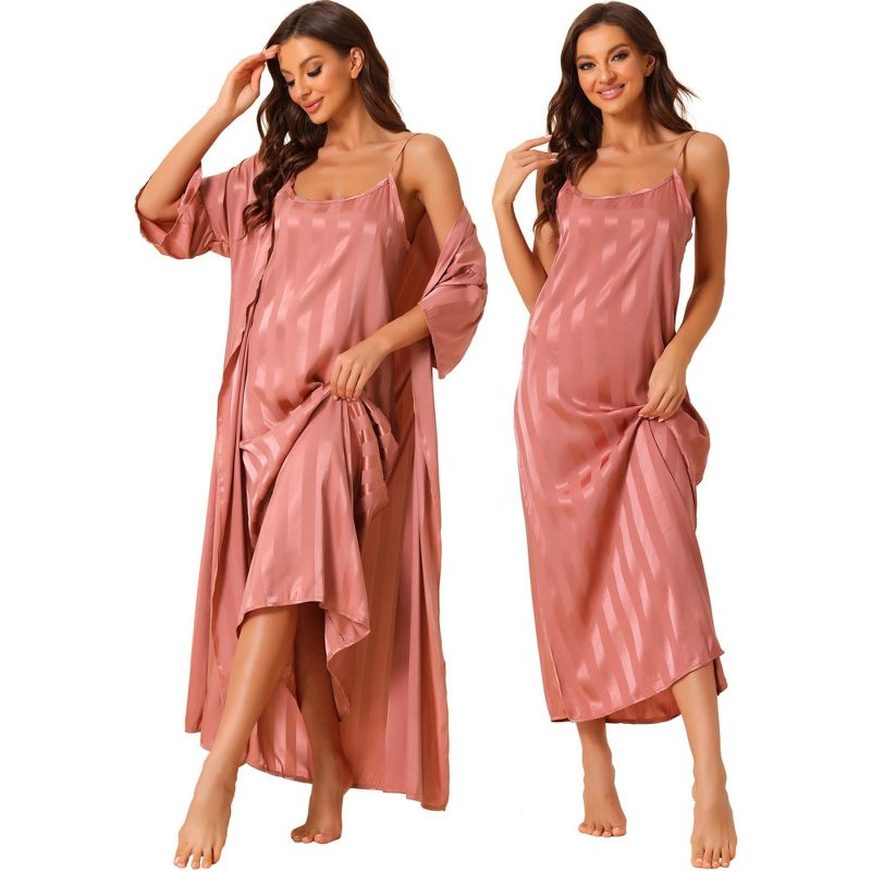 cheibear Women's 3/4 Sleeves Satin Silky Stripe 2 Pcs Pajamas Nightgowns with Robes, 1 of 6