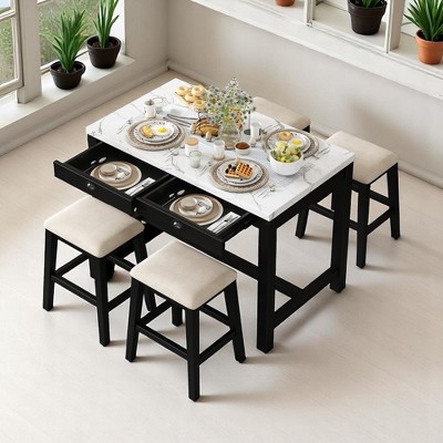 5-Piece Dining Set for 4, Counter Height Modern Kitchen Table with Storage Drawers & 4 Upholstered Chairs for Small Space or Dining Room